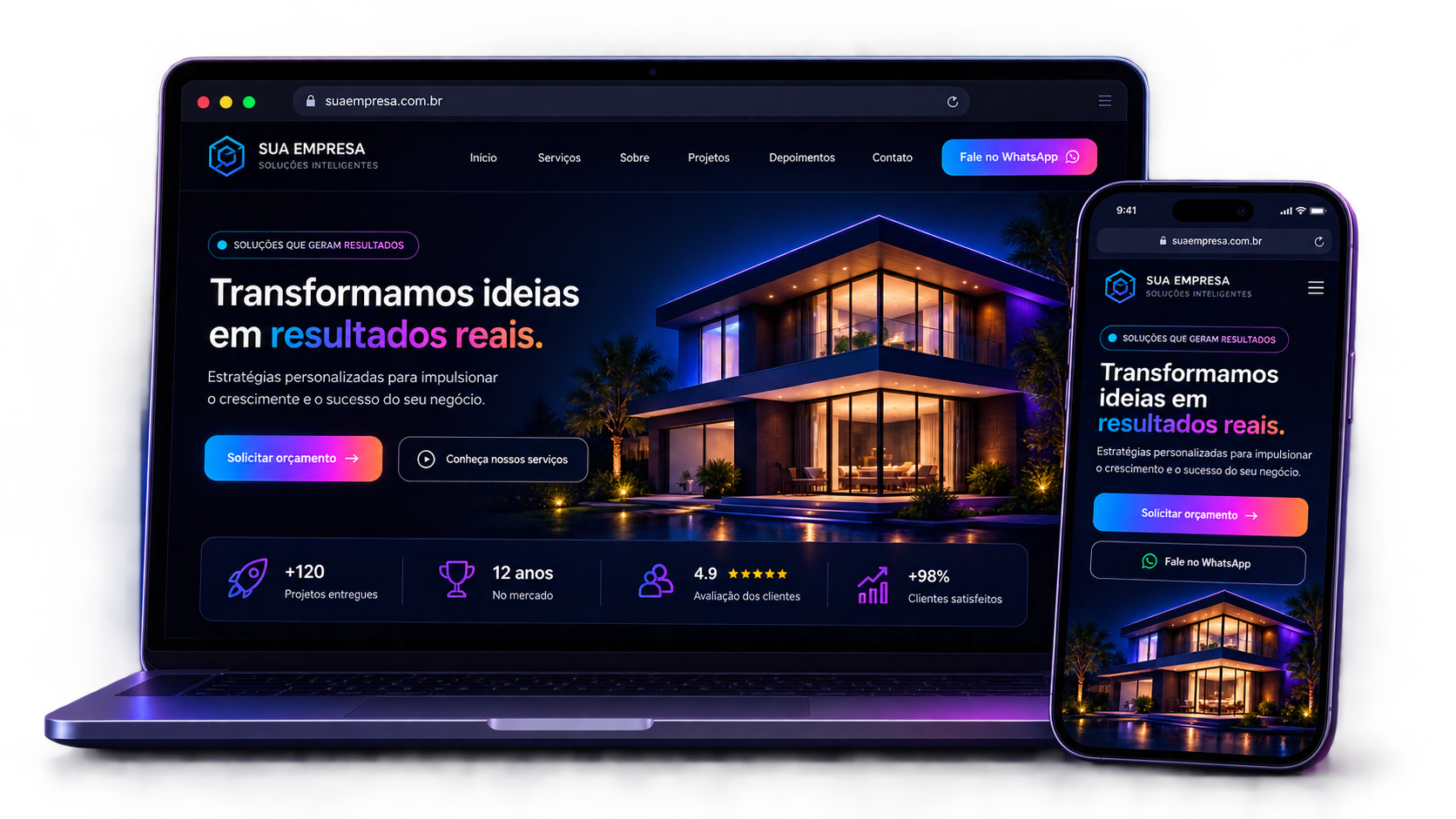 Site institucional de exemplo exibido em notebook e celular, criado pela ORYZON CODE